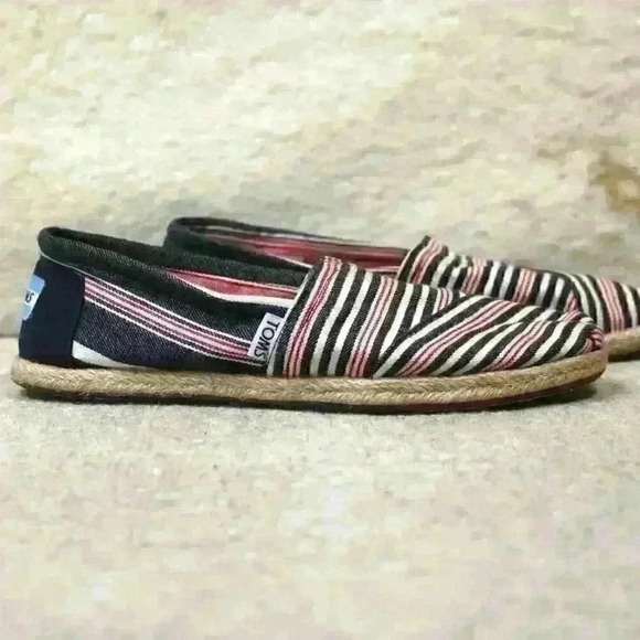 TOMS Alpargata Striped Slip On Espadrille Flat Raffia Sole Shoes Women Size 7.5 - Picture 1 of 11